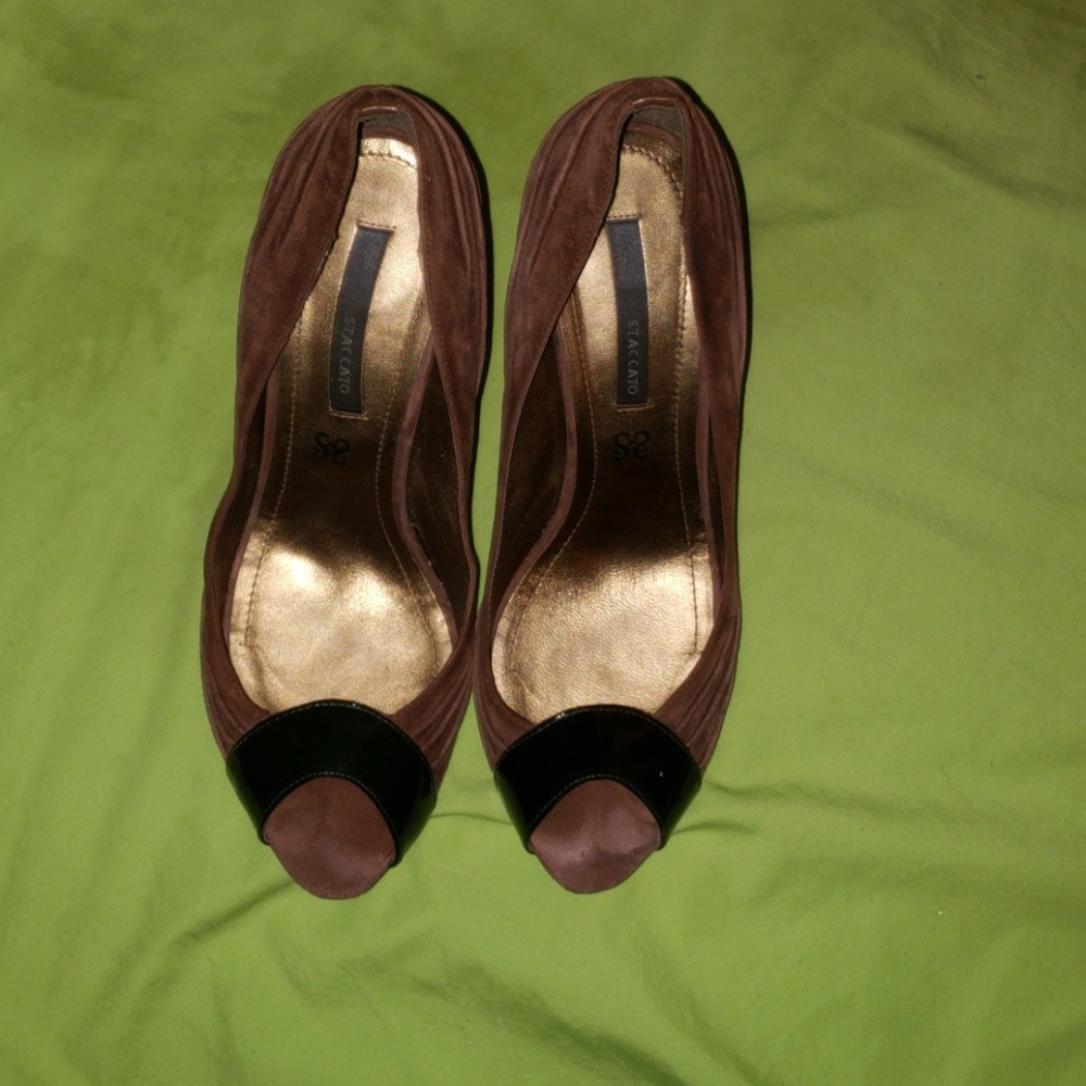 Peep toe suede heels (worn)